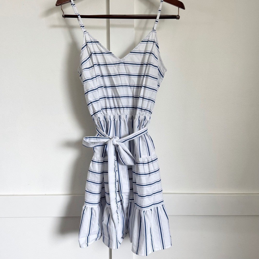 Express Trapeze Striped Dress Mini Ruffle Blue White